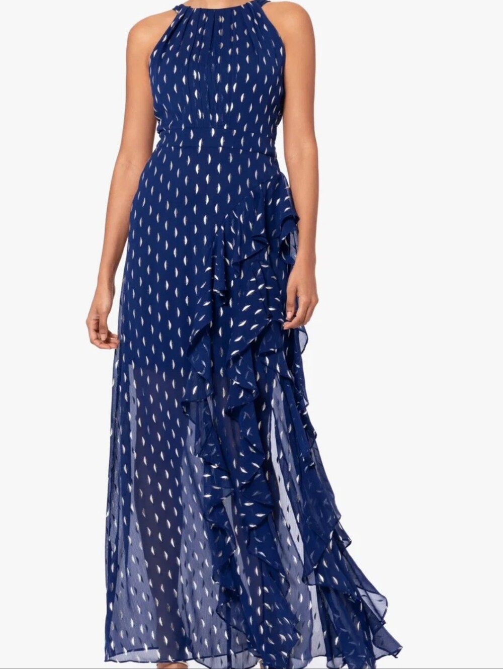 Betsy & Adam Karina Navy Gold Metallic Foil Ruffle Halter Gown 6 Old Hollywood